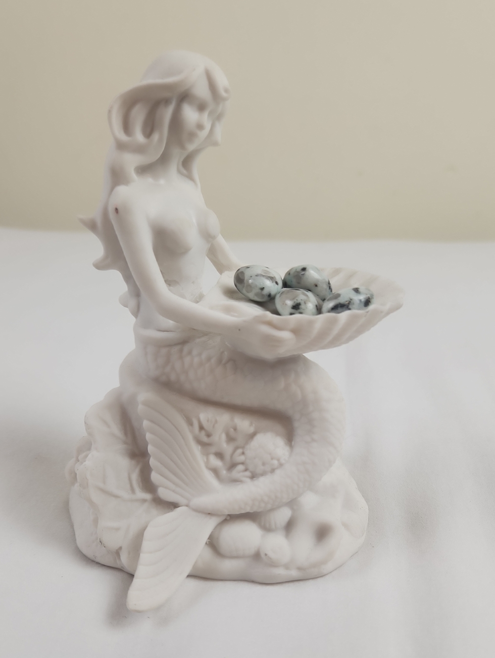 White Mermaid Figurine Decorative Accent With Kiwi Jasper Hearts